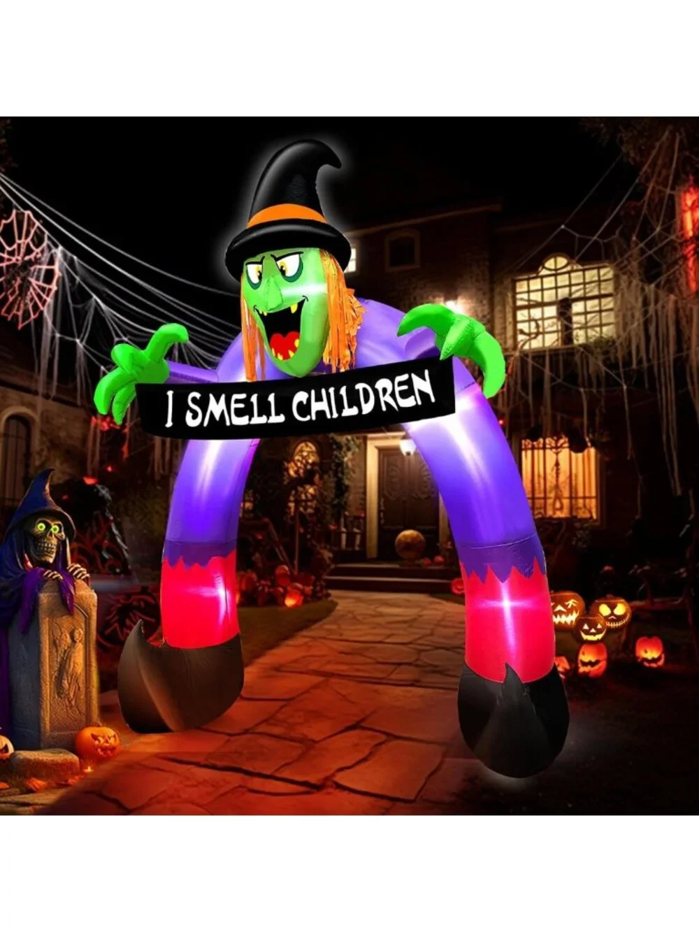 Spooky Halloween Outdoor Decor - Inflatable Witch with Banner Archway Display